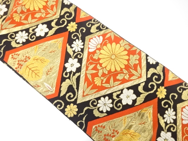 JAPANESE KIMONO / ANTIQUE FUKURO OBI / WOVEN KIKU & RHOMBUS